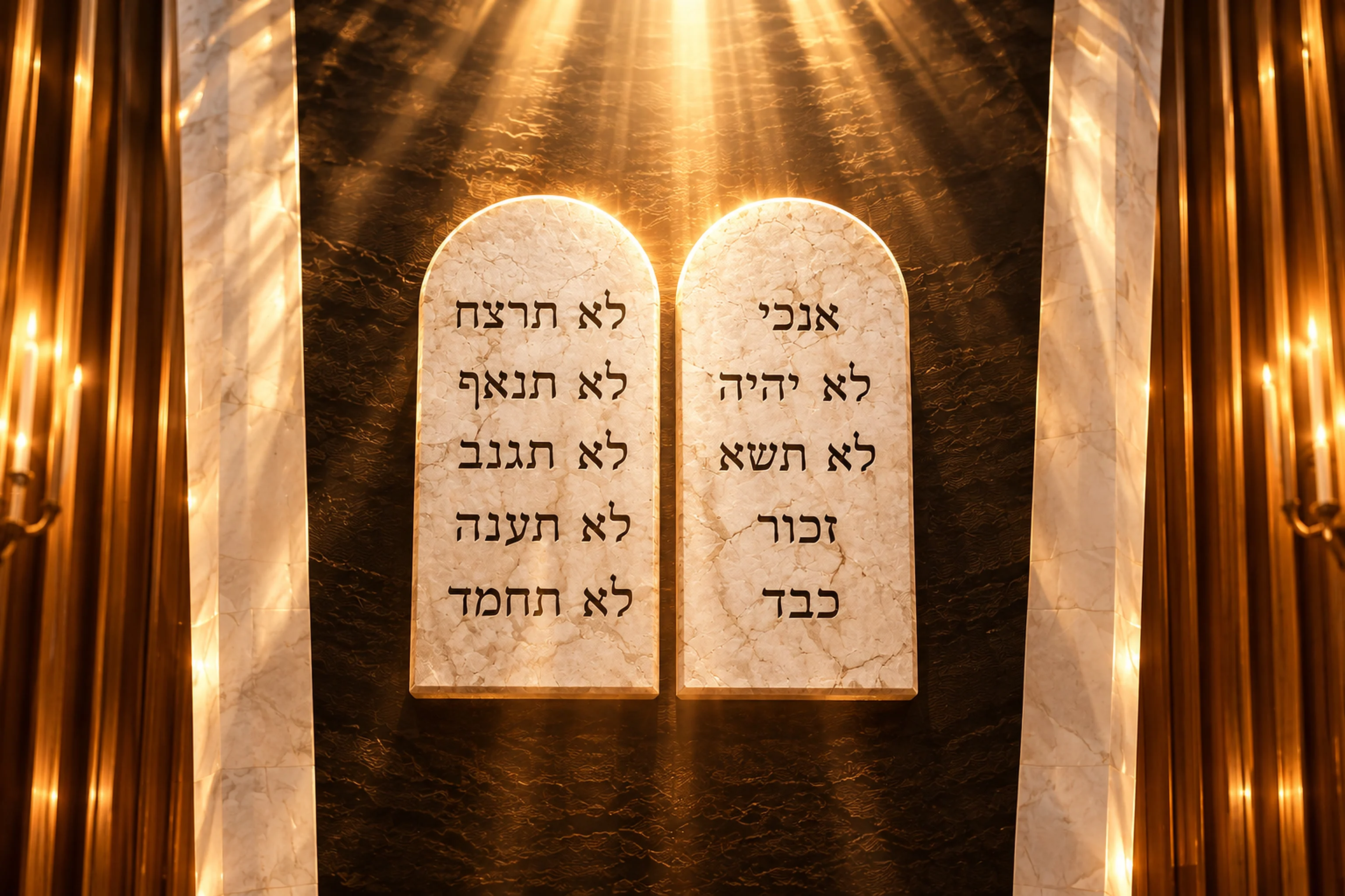 The two tablets of the Ten Commandments in pale stone on a dark wall between two marble pillars, lit from above by golden rays, with the opening Hebrew words of each commandment.